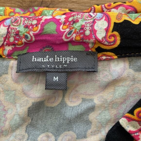 HAUTE HIPPIE Medallion black Pink Wrap Long Sleeve Top sz M - Picture 2 of 8